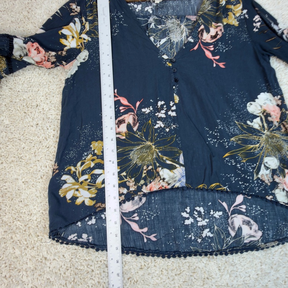 Jaase Floral High Low Top Womens Size S Blue Boho Bell Sleeve V-Neck Blouse - Picture 9 of 11